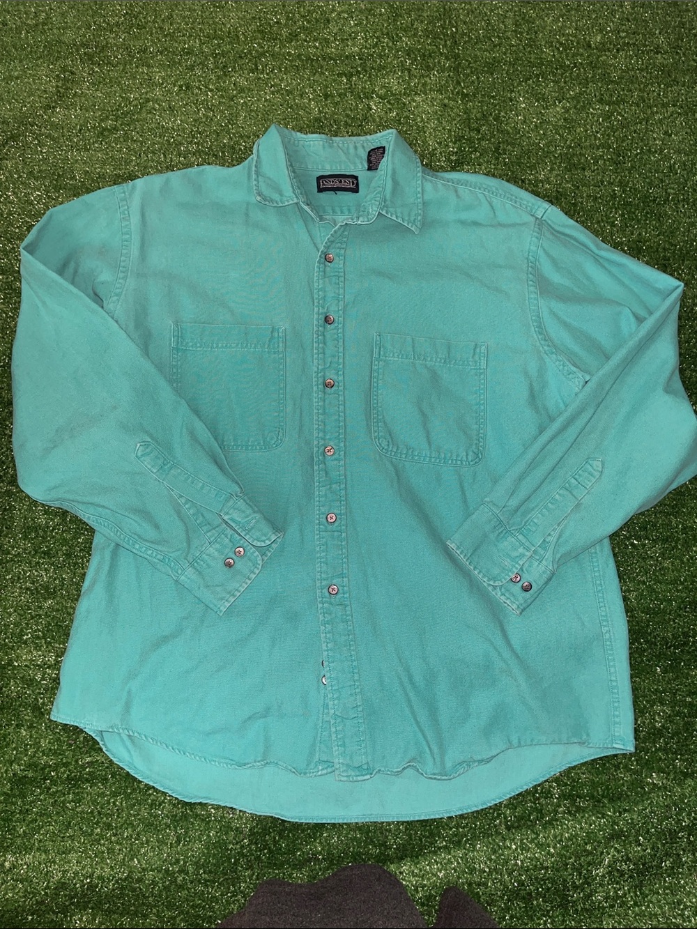 Lands' End Vintage Button Front Denim Jean Shirt Size Large in green/teal